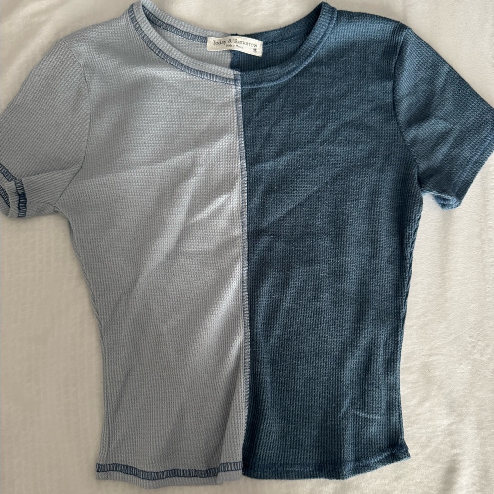 Blue and grey two-tone stitched crop top